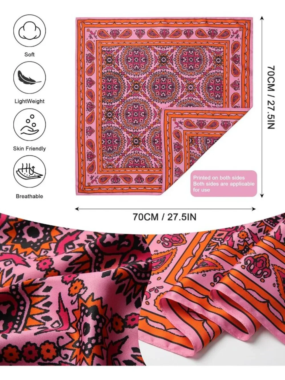 Reversible 27.5” Square Satin Hair Scarf | Stylish Head Wrap & Bandana for Sleep